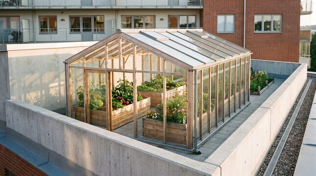 Apartment rooftop growing greenhouse, Sweden communal residential architecture, Raised beds within framed glazing, Paved access beside solid parapet, Clear drainage aroun