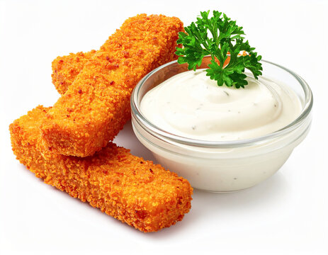 Tartar sauce with crispy fish sticks, white background, closeup. AI