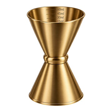 Gold metal jigger for measuring liquids, graduated scale markings with milliliters, isolated on transparent background. Barware, cocktail making, mixology tools.