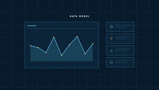 Data model line graph and icons for analytics illustration for business