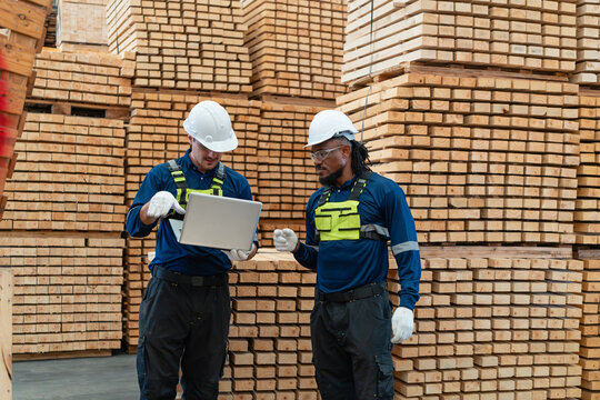 Checking lumber inventory inside the warehouse, two men review information together on a laptop beside stacks of timber.