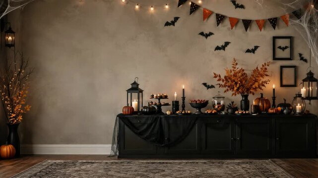 Halloween buffet table decorated with pumpkins, bats and autumn foliage. Seasonal party decor and festive celebration. Elegant indoor event setup with copy space.