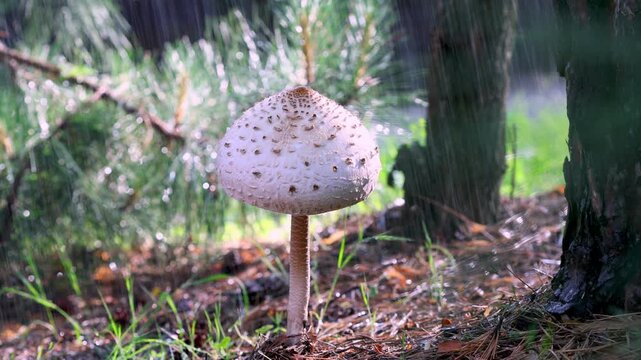 Parasol Mushroom Macrolepiota Procera Standing Tall in Autumn Rain Among Pine Needles in a Sunlit Forest Concept of Mushroom Picking Season and Foraging