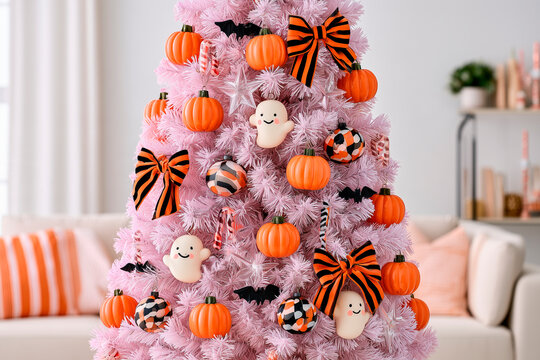 Whimsical Lavender Halloween Christmas Tree with Orange Pumpkins