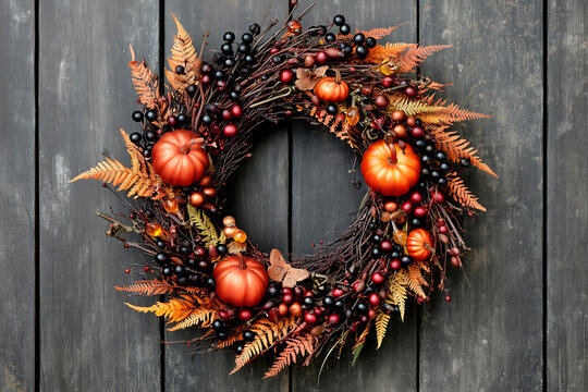 Enchanted Forest Halloween Wreath with Copper Pumpkins and Dark Berries