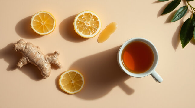 Healthy immune boosting concept with ginger lemon tea, honey and mint leaves for winter wellness remedies
