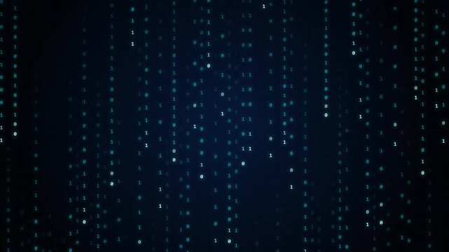 Digital binary code rain background, abstract technology data stream animation, cyber security and programming concept