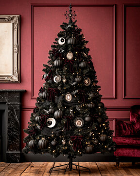 Gothic Halloween Christmas Tree with Black Pumpkins and Velvet Bows