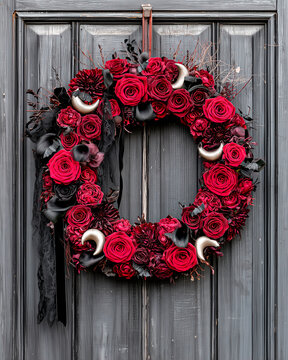 Victorian Gothic Halloween Wreath with Burgundy Roses and Black Lace