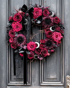 Victorian Gothic Halloween Wreath with Burgundy Roses and Black Lace