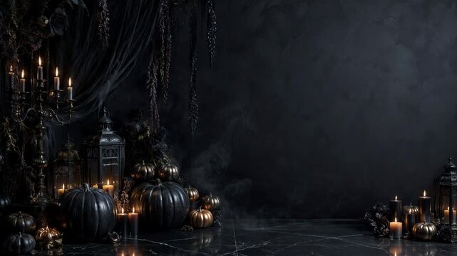 Black pumpkins, candles and lanterns in a smoky Halloween scene. Gothic seasonal decor. Spooky autumn holiday background with copy space. Elegant dark party setting.