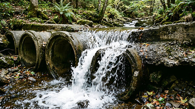 Large concrete culvert pipes in a lush forest stream with water cascading through a rural drainage system