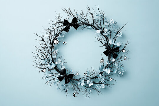 Minimalist Gothic Halloween Wreath with Black Velvet and Silver Leaves