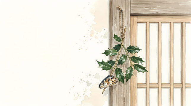 Watercolor illustration of Japanese Setsubun hiiragi iwashi charm, holly olive sprig with sardine head hanging at wooden house entrance with copy space