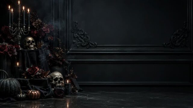 Halloween skulls, pumpkins and roses arranged beside ornate dark wall. Gothic holiday decor and eerie seasonal still life. Spooky celebration background with copy space.