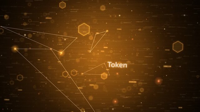 Abstract cryptocurrency and blockchain technology background with glowing gold data nodes and binary code