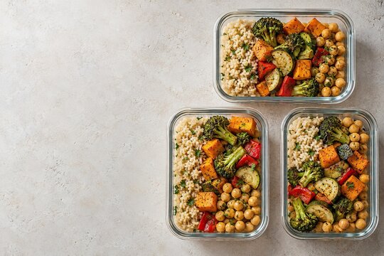 Meal prep glass containers filled with healthy roasted vegetables, grains, and chickpeas arranged neatly on a light background.