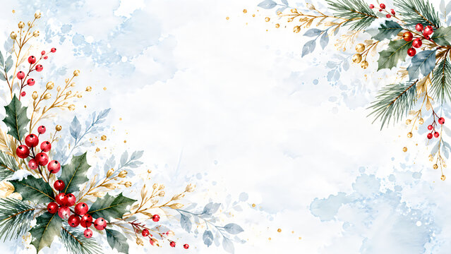Elegant christmas holly berries watercolor floral border design for
