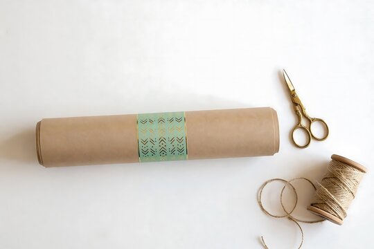 Brown paper scroll tied with a green patterned band, vintage scissors, and a spool of twine on a white background, craft supplies, gift wrapping set