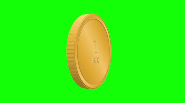 Gold Bitcoin coin rotating and spinning in 3D against a bright green screen background for chroma key compositing.