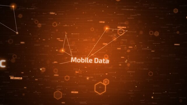 Abstract digital network background with glowing orange binary code and mobile data concepts