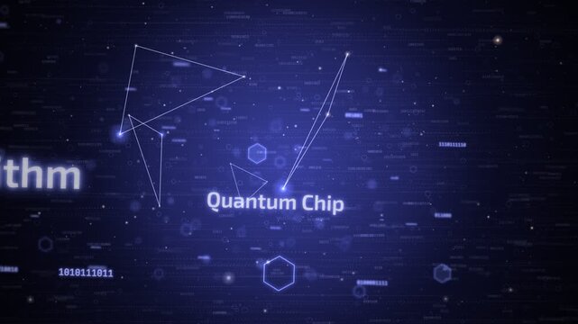 Abstract quantum computing animation featuring glowing text and glowing nodes on a dark blue digital background