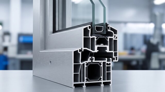 3D cross section of a modern aluminum window profile showing internal thermal chambers, rubber seals, and double glazing.