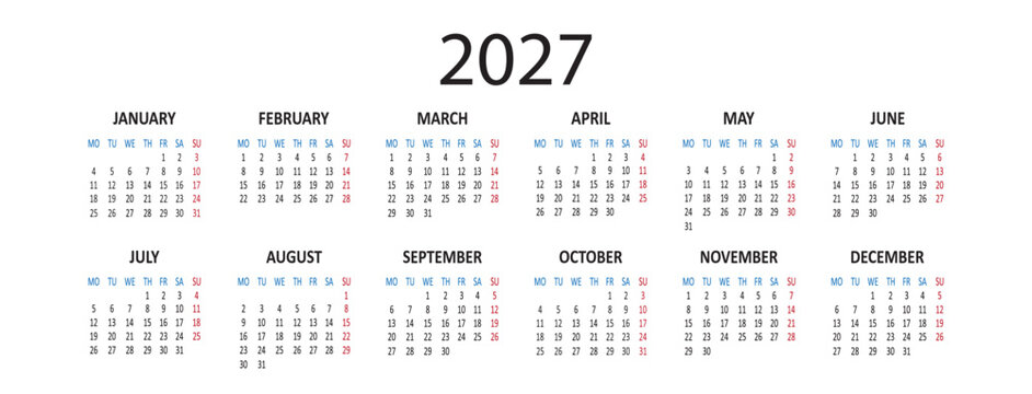 European calendar 2027 year. Week starts on Monday. Vector illustration isolated on white background