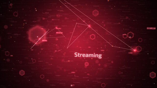 Red digital technology background with gaming and multiplayer text and abstract neon hexagon shapes