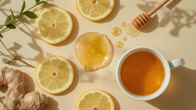 Healthy immune boosting concept with ginger lemon tea, honey and mint leaves for winter wellness remedies
