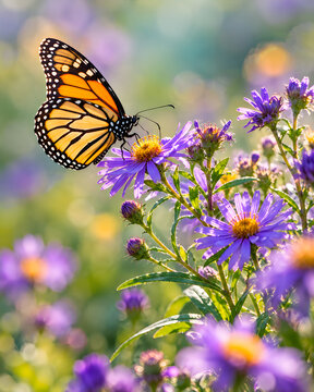 Monarch butterfly resting on purple wildflowers in summer meadow