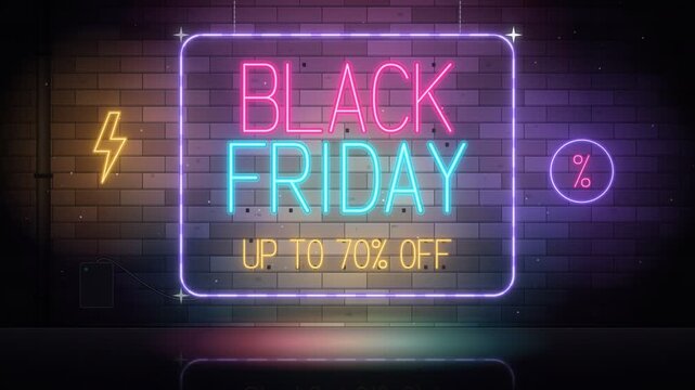 Black Friday neon sign on a dark brick wall with colorful glowing text promoting discount sales up to 70 percent off