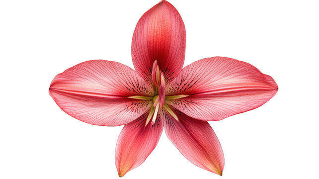 Single pink lily flower with five petals and visible stamens, isolated on a black background, for botanical and floral