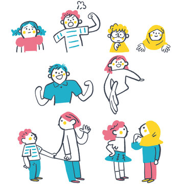 子どもたちのいろいろな表情と関わり 心配 怒り 喜び 相談など気持ちを表す小学生の感情表現パーツ集
