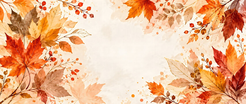 Autumn watercolor leaves berries decorative background for fall