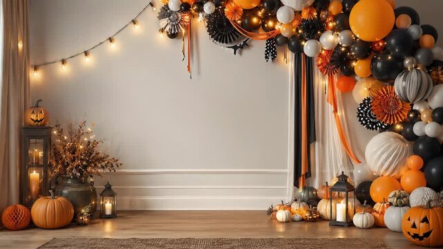 Halloween party backdrop with pumpkin decorations, lanterns and orange black balloon garland. Festive seasonal celebration. Empty space for event photography and greeting cards.