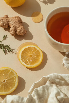 Healthy immune boosting concept with ginger lemon tea, honey and mint leaves for winter wellness remedies
