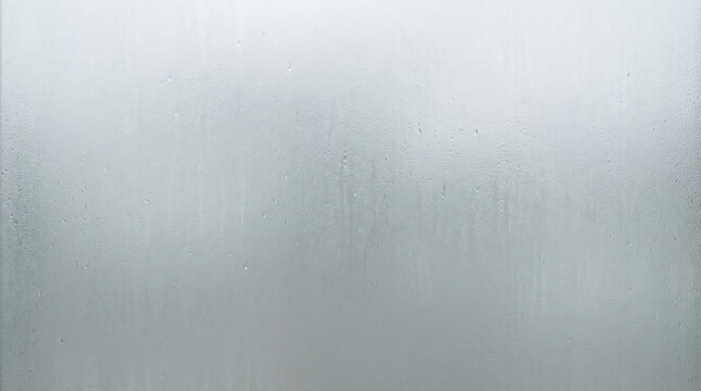 Condensation droplets form on a foggy glass surface, creating a blurred and misty effect.