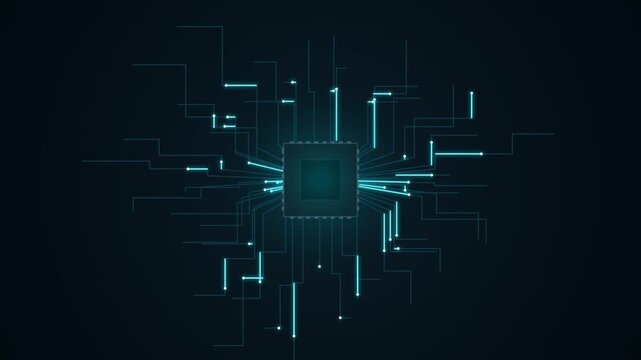 An abstract motion graphics background featuring a futuristic printed circuit board with a central CPU and glowing cyan data pulses streaming through circuitry traces, created with HTML5 canvas and Ja