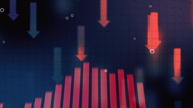Glowing red arrow arrow pointing down, decrease, recession. Finance stock market downfall red arrow crisis isolated on dark background animation, symbolizing business growth, success, and progress. 
