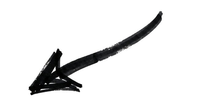 Hand drawn black ink arrow symbol, rough textured direction indicator isolated on a white background