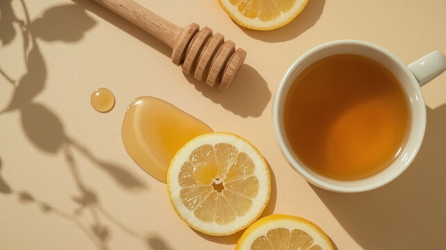 Healthy immune boosting concept with ginger lemon tea, honey and mint leaves for winter wellness remedies

