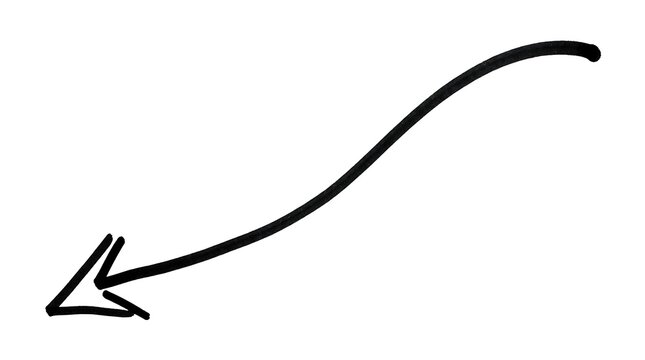 Hand drawn curved arrow pointer pointing to the left side in black ink scribble style