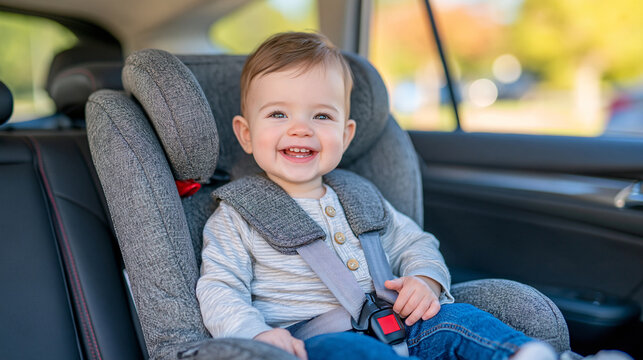 Close-up portrait of a smiling infant properly buckled into a green child car seat, secure harness fitted snugly across the shoulders and waist, modern vehicle interior softly out of focus, warm day