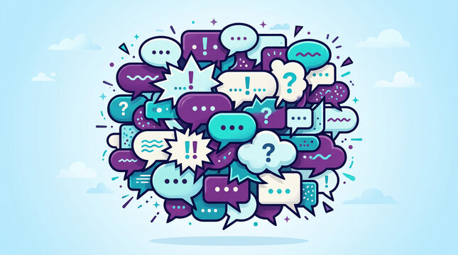 Abstract illustration of a cluster of colorful speech bubbles with question marks and exclamation points