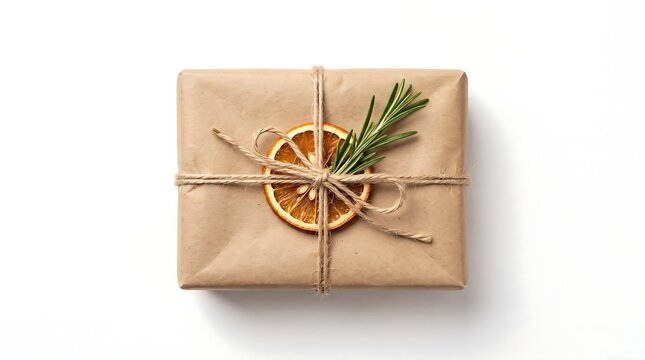 Rectangular parcel wrapped in brown paper with a dried orange slice and rosemary on white