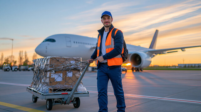 Male airport ground crew member pulling a cargo restraint net tightly over a loaded container on a wheeled dolly, aircraft parked on the apron behind him, vibrant sunset sky and long evening shadows