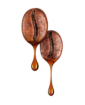 Stretched drops dripping from roasted coffee beans close-up on a transparent background