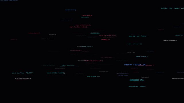 An abstract motion graphics background featuring a high-speed flight through a tunnel of glowing programming code and syntax in a 3D digital space, created with HTML5 canvas and JavaScript.