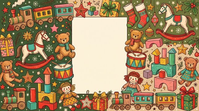 A playful Christmas greeting card featuring a blank center panel framed by original wooden toy trains, rocking horses, teddy bears, toy drums, dolls, building blocks without letters, wrapped gift boxe